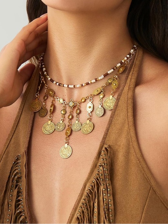 Anthropologie Jewelry - Anthropologie Gold Coin Fringe Layered Necklace with Beaded Choker